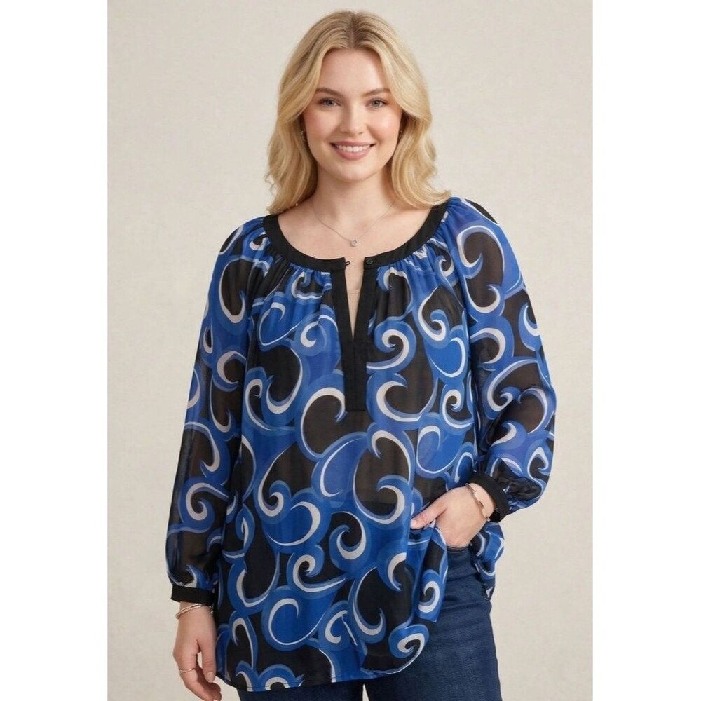 INC International Concepts INC Blue Abstract Peasant Blouse - Size 14